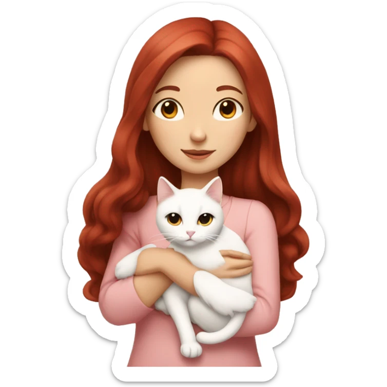 girl with long very dark red hair and brown eyes and light pink outfit hugging a white ginger cat  sticker