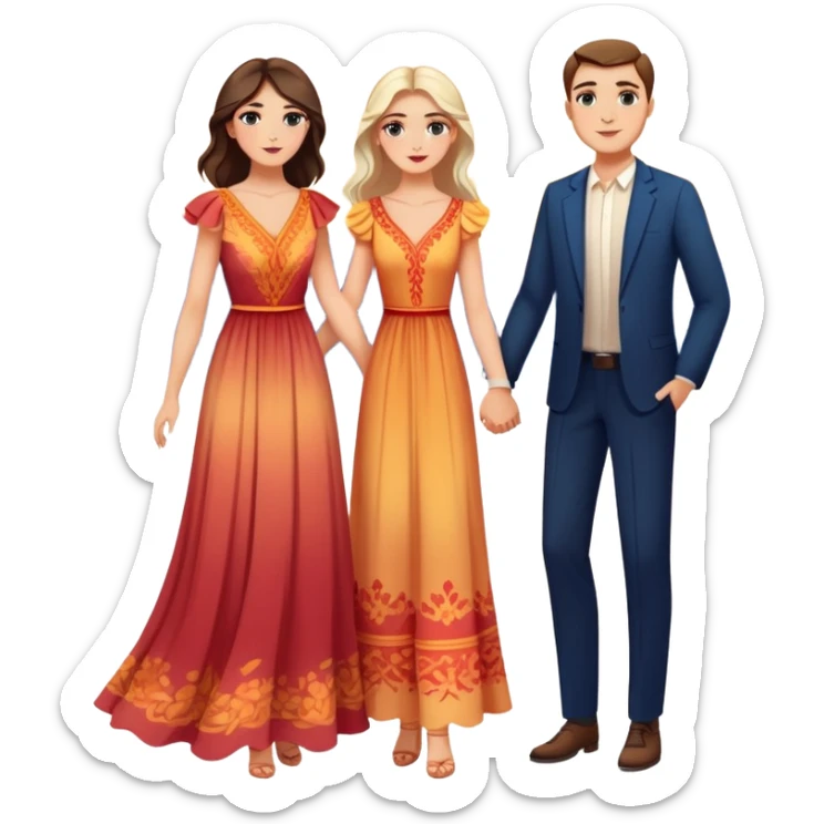 Elegant girl with a beautiful flowy dress and makeup and man together in Montenegro sunset holding hands  sticker