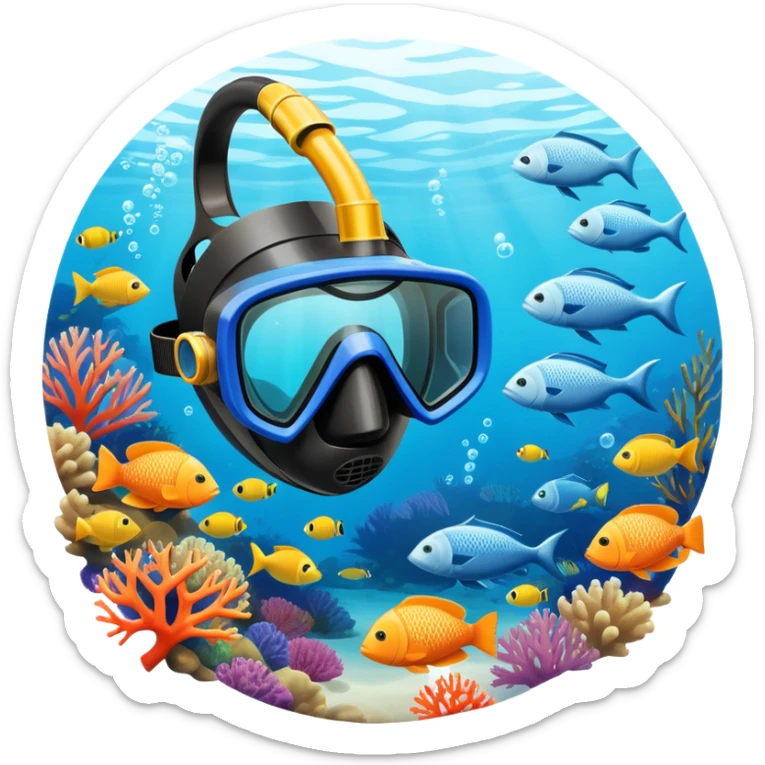 An icon featuring a close-up of a freediving mask and snorkel, with a breath-holding diver's fins, set against a vibrant underwater world. The design includes coral reefs, fish, and bubbles, symbolizing the serene beauty and thrill of freediving. Transparent background highlights the calm sticker