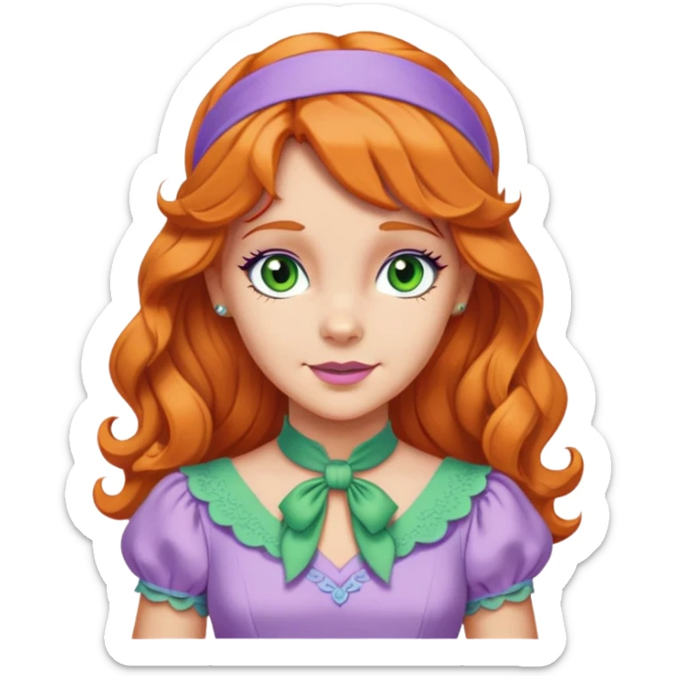 daphne blake long orange wavy hair with lilac headband, green eyes and cute lilac dress with green ascot from scooby doo  sticker