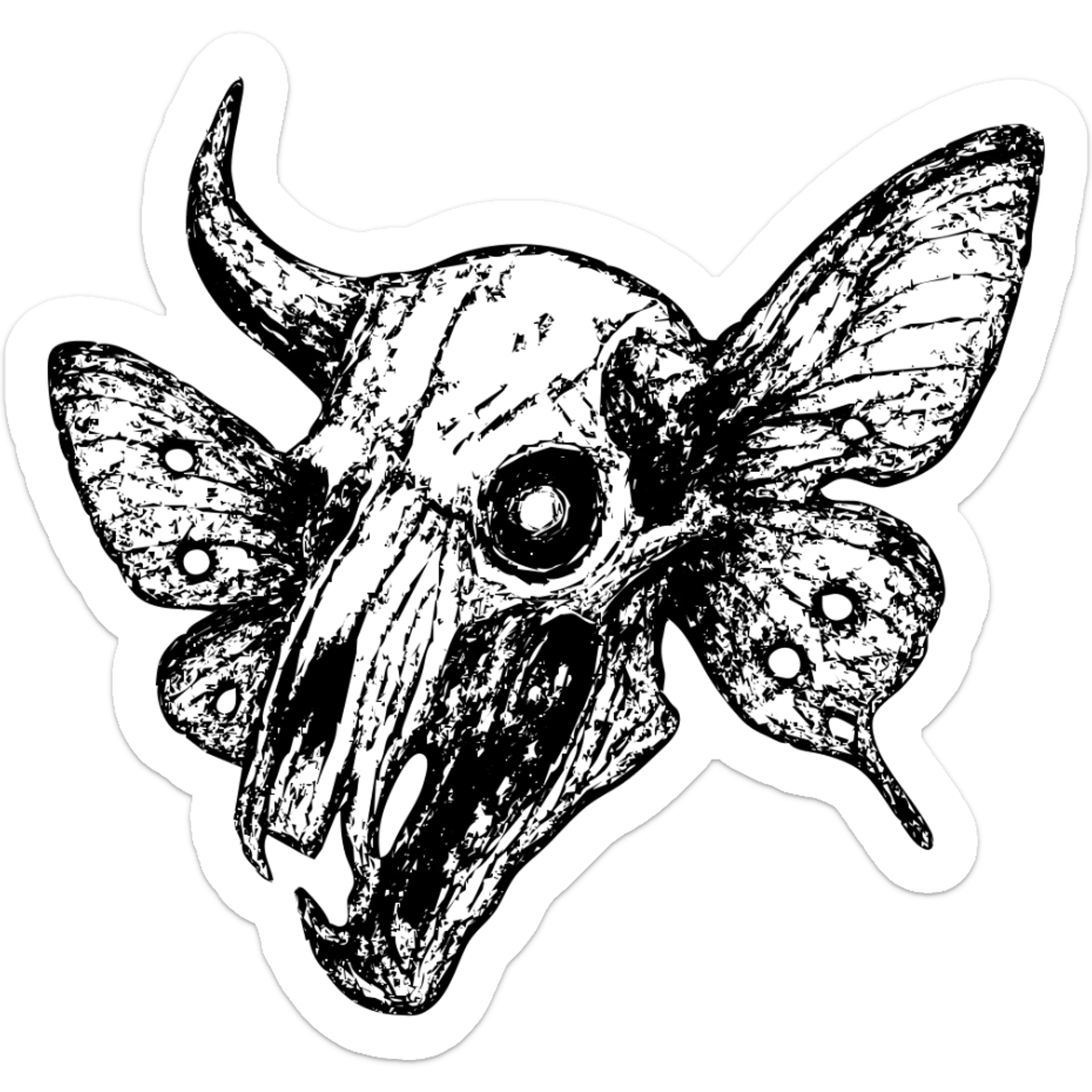 detailed red line art of nightmarish minotaur-stoat hybrid skull with fractured horn and sinister glowing eye, detailed deteriorating moth wings, extensive weathering with deliberately missing pieces, scratched surfaces, and worn edges, twisted asymmetrical features, complex textures, some hollow/transparent sections, 100% red horror imagery sticker
