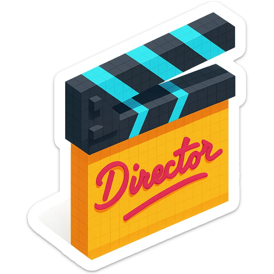 voxel style movie clapperboard with a cursive director's signature, isometric view sticker
