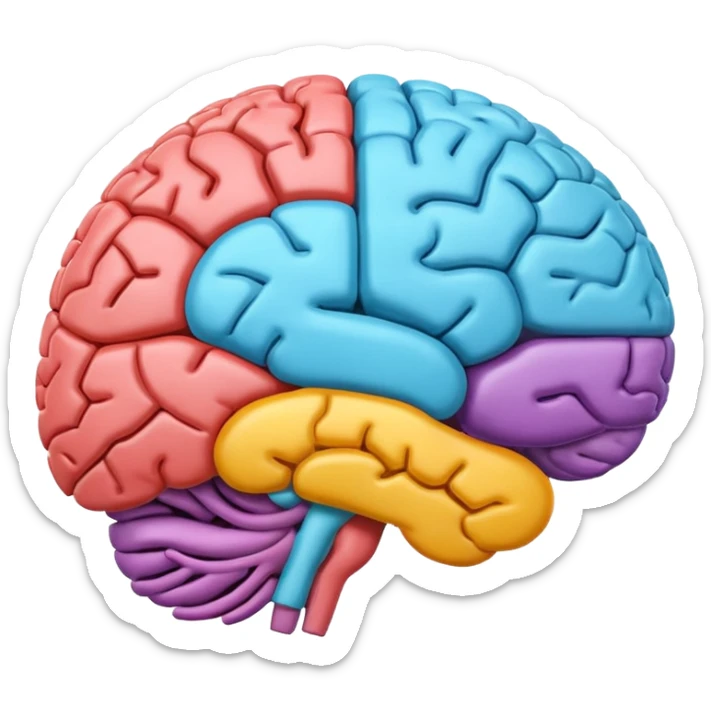 emoji icon of side view of brain with details of the brain structure and in detailed 3d rendring, colored to highlight different sections sticker