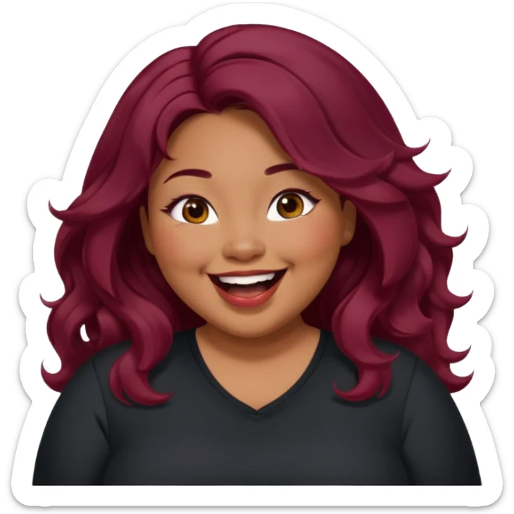 Plus size red hair brown face small eyes long hair Asian eyes small eyes wavy hair eye lashes burgundy hair black shirt laughing  sticker