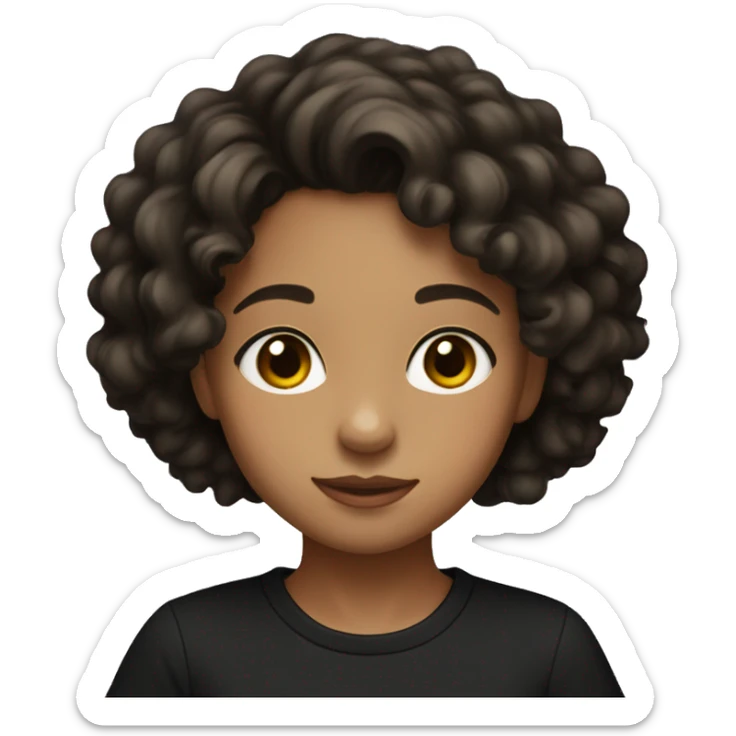 A young girl with light brown skin, black medium-long curly hair, and wearing a black t-shirt sticker