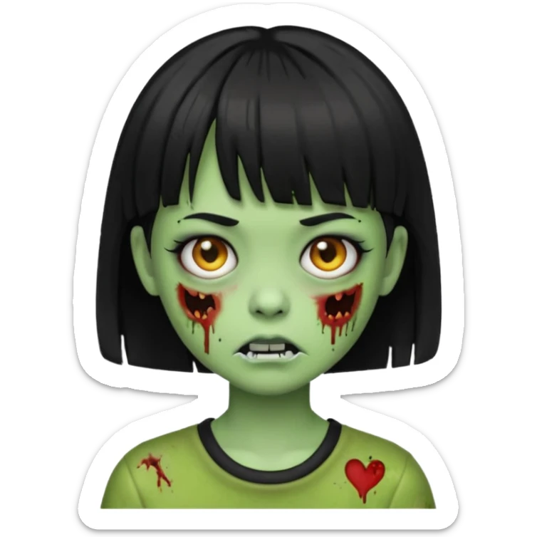 Emoji zombie girl verde com cabelo preto liso  curto com franja sticker