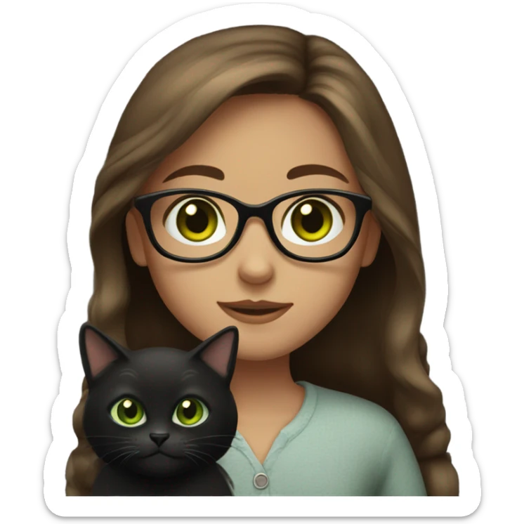 Girl with long brown hair and green eyes with glasses holding a black cat  sticker