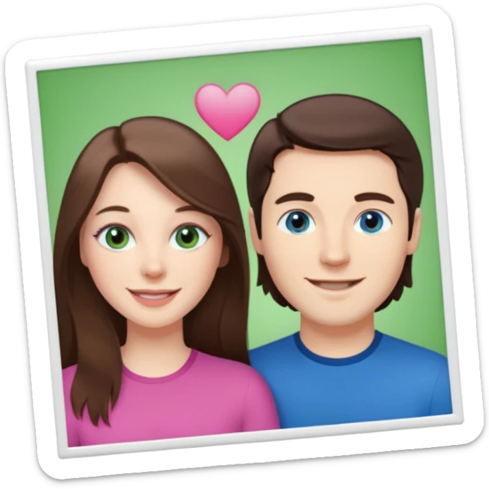 “A pink Polaroid-style photo of a couple: a white woman with long brunette hair and blue eyes, and a white man with short brunette hair and green eyes.” sticker