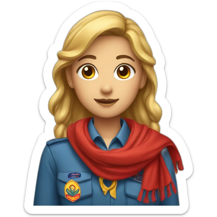 A scout girl with a knotted red and yellow scarf and a blue scout shirt sticker