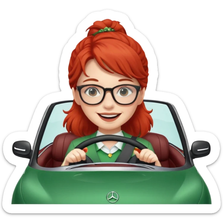 Irish red girl smile with glasses driving fast in a Mercedes convertible sticker