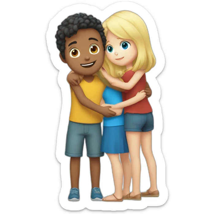 Boy with Dark red hair and blue eyes Hugs girl with blonde hair and blue eyes and boy with blonde hair and green eyes sticker