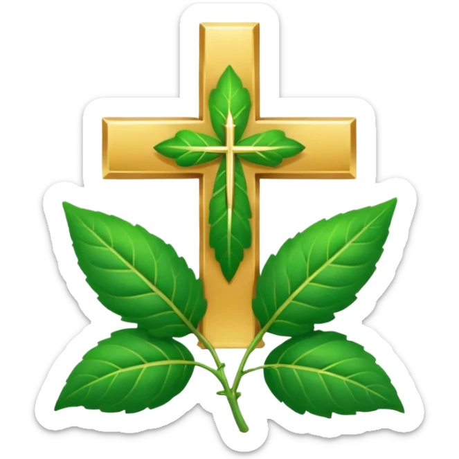 "A clean, friendly emoji of three vibrant green Tulsi (Holy Basil) leaves centered over a small, glowing golden cross or 'plus' sign, symbolizing healing. Simple, flat, 32x32 pixel icon style. Transparent background. Icon for natural healing and wellness." sticker