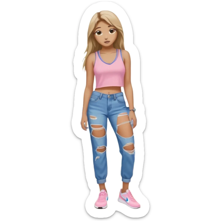 preppy teenage girl, tan, less blonde highlights, brown long hair, long eyelashes, beach aesthetic, wearing cute clothes, wearing ripped blue long baggy jeans with a light pink revealing low neck crop top, wearing Nike shoes, very sexy, long eyelashes, pretty sticker