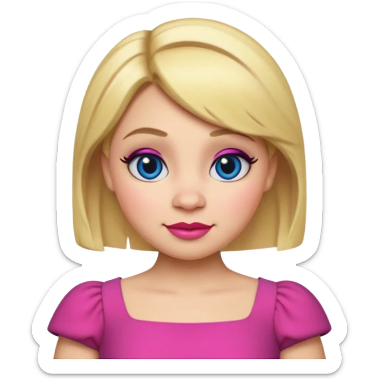 "Create an emoji-style character of Doris from Shrek — the tall barmaid with short blonde hair, bold makeup (blue eyeshadow, red lipstick), and a pink dress. Make her look confident and friendly, with a cartoonish round face and expressive emoji-like features. sticker