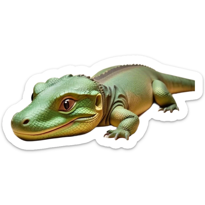 Meme-Worthy cute Sleeping Komodo Dragon Lizard Portrait Emoji, Head resting peacefully with a contented smile, showcasing a rugged, textured form and eyes gently closed in serene slumber, Simplified yet comically adorable features, highly detailed, glowing with a soft, drowsy glow, high shine, relaxed and utterly lovable, stylized with an air of playful laziness, bright and heartwarming, soft glowing outline, capturing the essence of a sleeping ancient guardian that feels destined to become the next viral icon of adorable rest! sticker