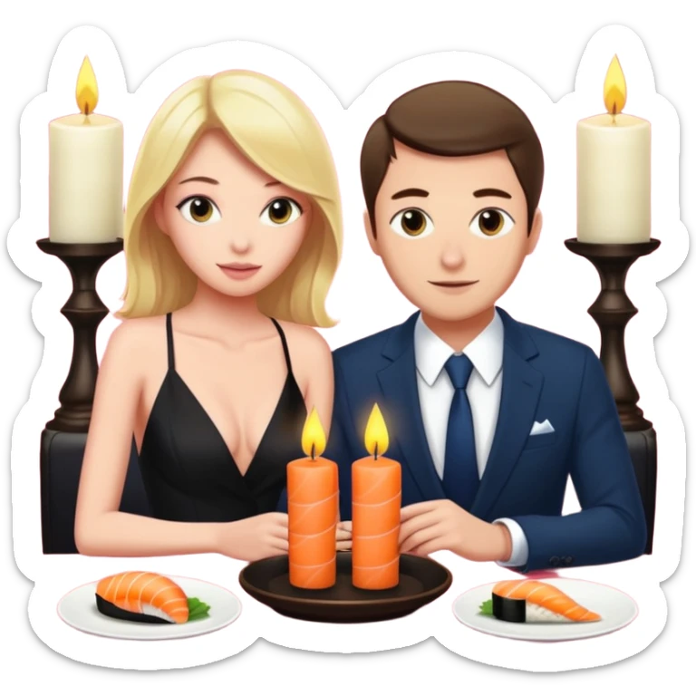 realistic photo of Alex Warren with a beautiful  victoria secret model on a candle lit sushi date sticker