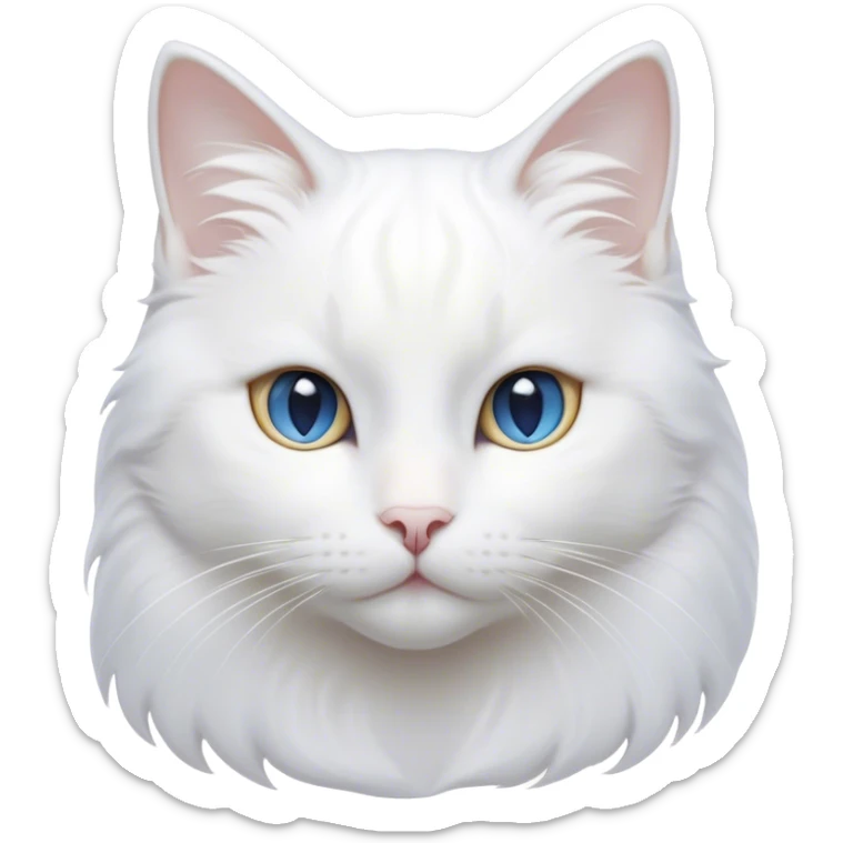 Cinematic Noble White Cat Portrait Emoji, Poised and stately, with a pristine, snow-white fur accented by delicate hints of silver, refined whiskers and a serene, focused gaze, simplified yet impeccably detailed, glowing with an ethereal radiance and timeless elegance, high shine, exuding calm intelligence and regal simplicity, soft glowing outline, capturing the essence of a noble white cat that radiates quiet majesty! sticker