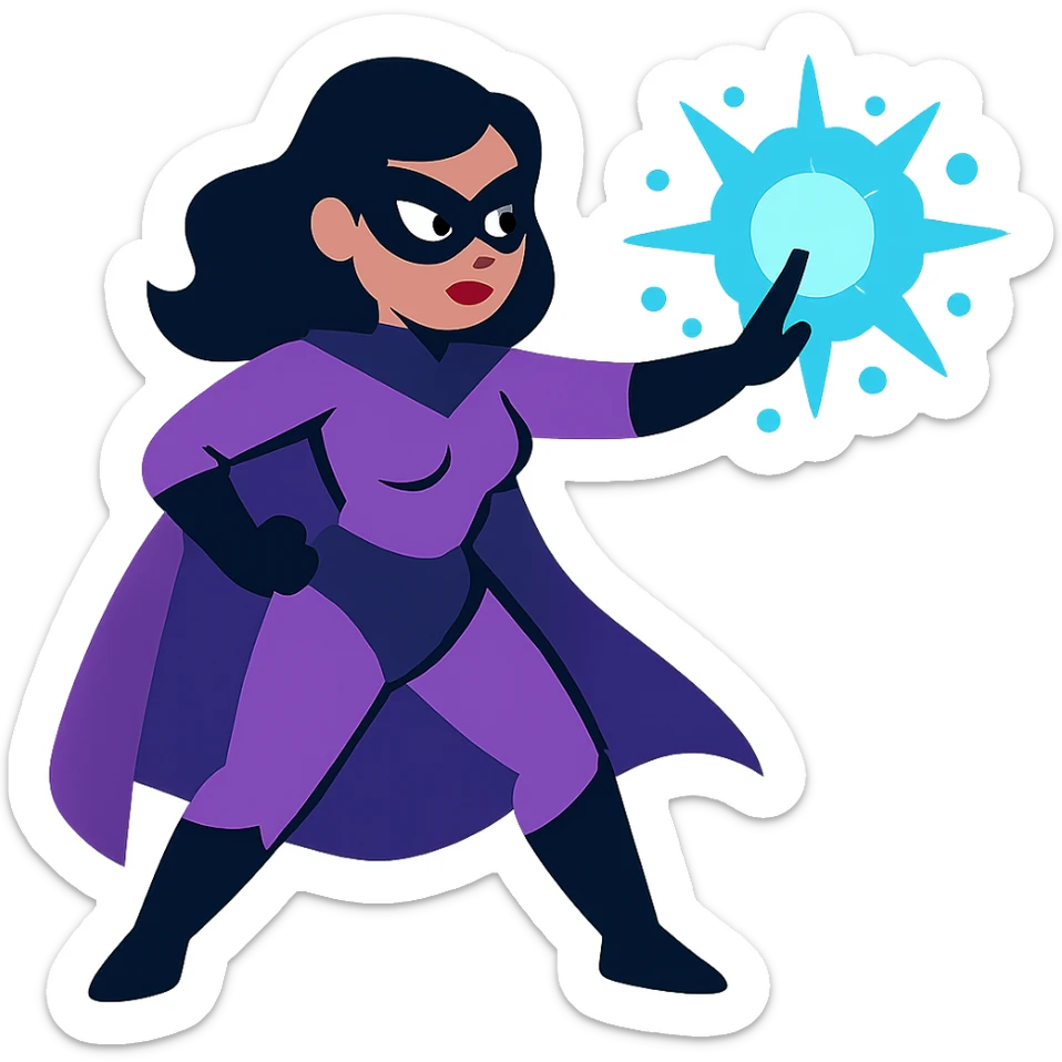 woman superhero in a soft purple and black suit, casting magic from her hand sticker