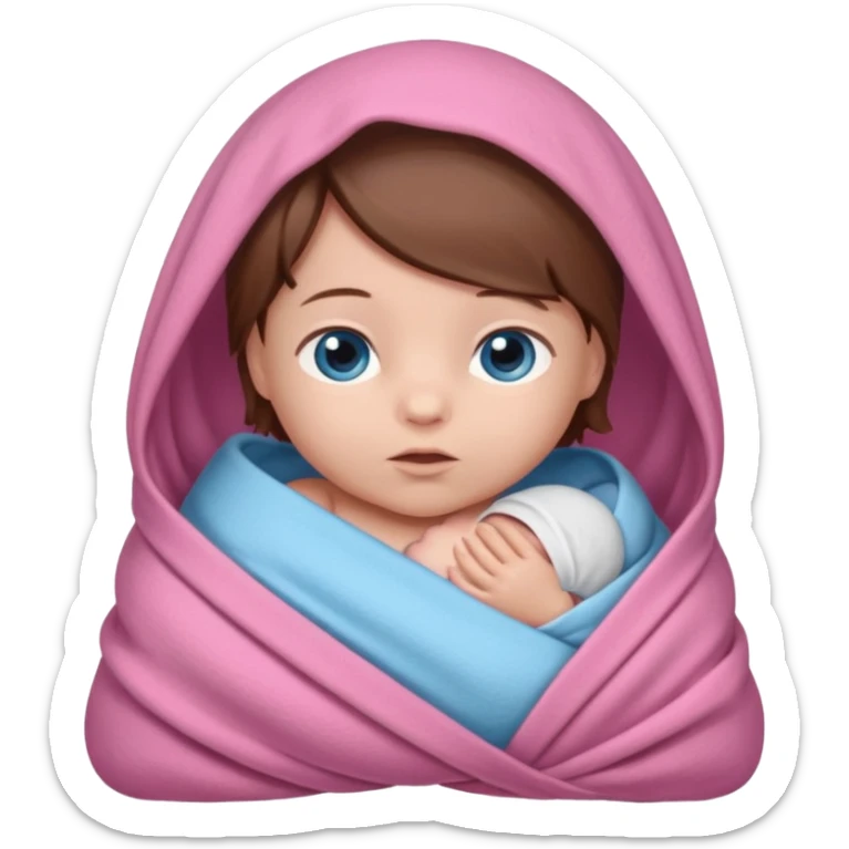 Newborn baby swaddled in pink, she has brown hair and blue eyes sticker