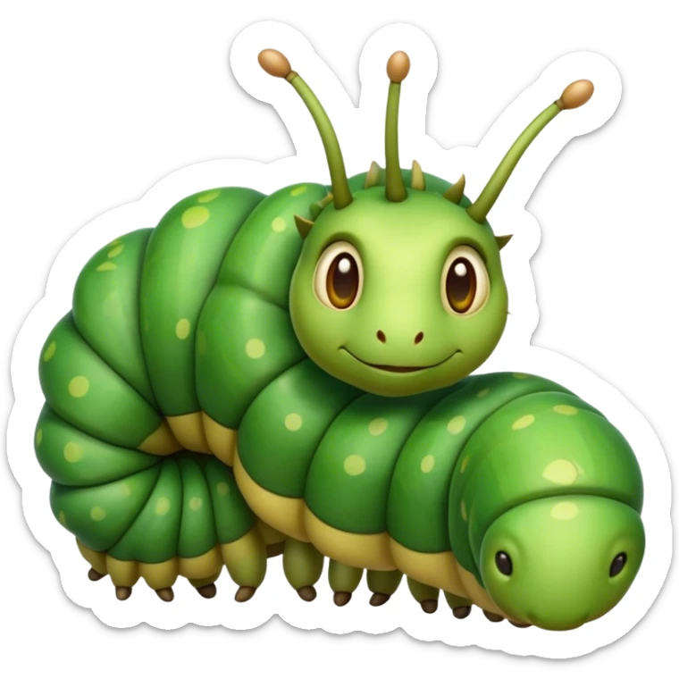Cinematic Realistic Noble Caterpillar Portrait Emoji, Poised and serene, with a slender, segmented body covered in vivid, detailed green scales accented by subtle natural patterns, and a tiny, focused face with delicate, inquisitive eyes, rendered with lifelike texture and soft natural lighting, high shine, intelligent and delicate, styled with an air of woodland elegance, focused and attentive, soft glowing outline, capturing the essence of a watchful and confident looper caterpillar that appears ready to inch gracefully out of the screen with natural authority! sticker