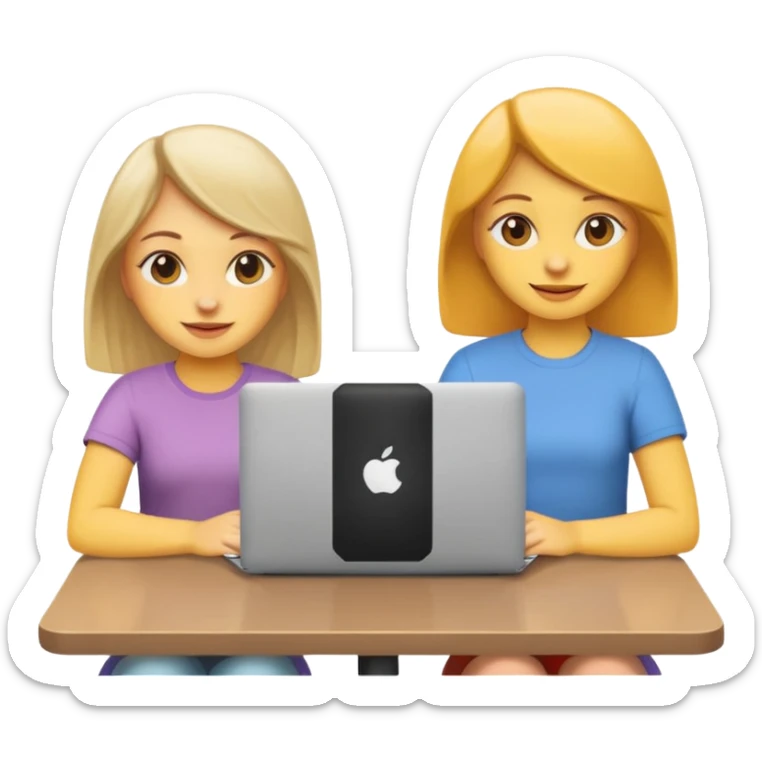 two girls sitting together with a MacBook in front of them, friendly and cheerful expressions, emoji style, inspired by reference photo sticker