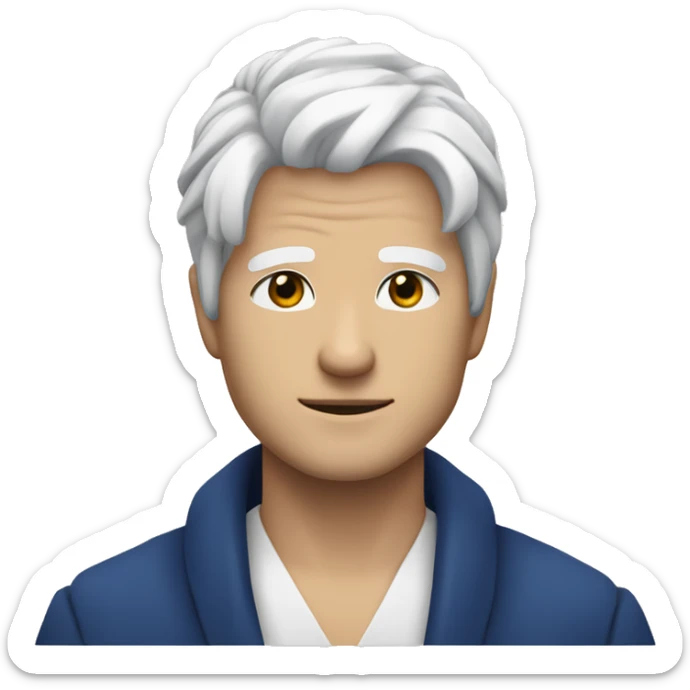 A man with white hair and blue eyes and his name is Gojo saturo and he is japanese sticker