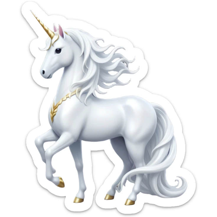 cinematic-beautiful-white-unicorn-full body-emoji,-poised-and-regal,-with-a-slender,-ethereal-form-draped-in-a-pristine-white-color,-a-flowing-mane-and-tail,-and-a-glistening,-spiraled-horn-that-radiates-pure-light,-simplified-yet-sharp-and-majestic, zoomed out to show a majestic unicorn sticker