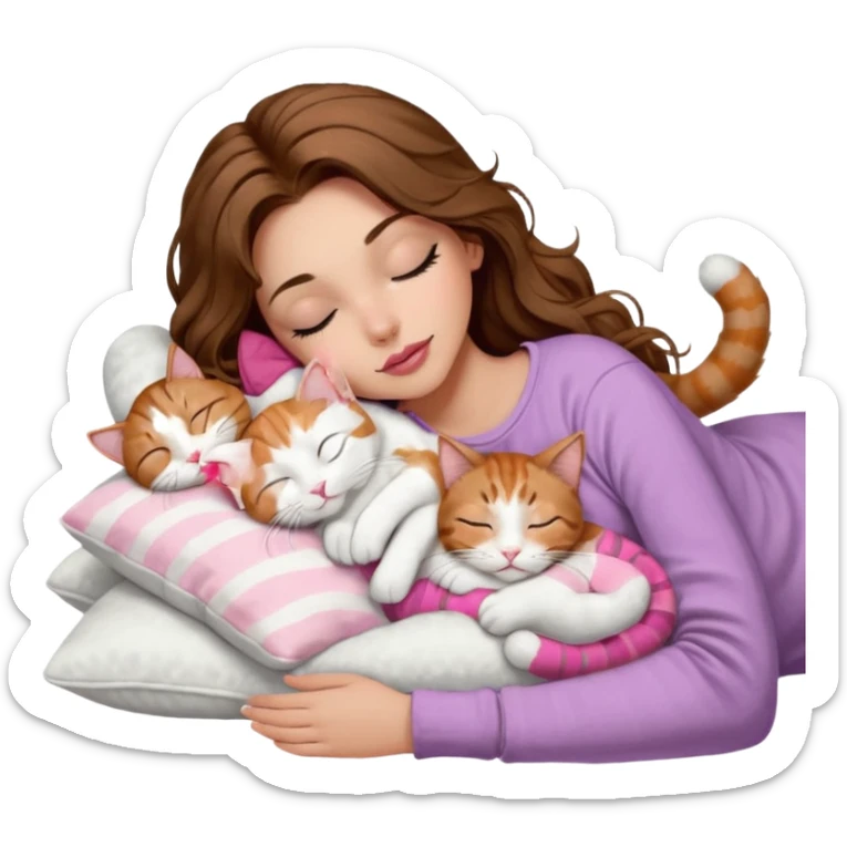 girl with long wavy brown hair, brown eyes, long lashes makeup, sexy pink lips, light to medium complexion,  sleeping on a cozy pillow, with 6 cats: 1 brown and white tabby cat, 1 ginger and white, 2 grey and white, 1 grey with white mittens and small white patch on chest and 1 calico, sleeping sticker