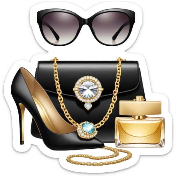 A photorealistic icon featuring luxurious fashion accessories like a high-end handbag, elegant high heels, a sparkling diamond necklace and a stylish pair of sunglasses. The design includes gold accents, purfume, and glamorous textures, fashion, and VIP luxury. Transparent background sticker