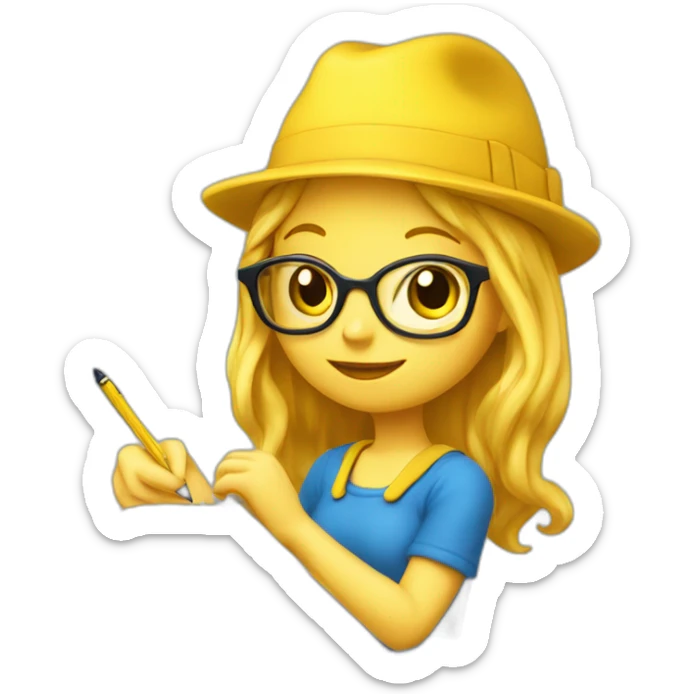 a girl with yellow hair in a blue hat with a yellow mallow holds a pen and a notebook in her hand sticker