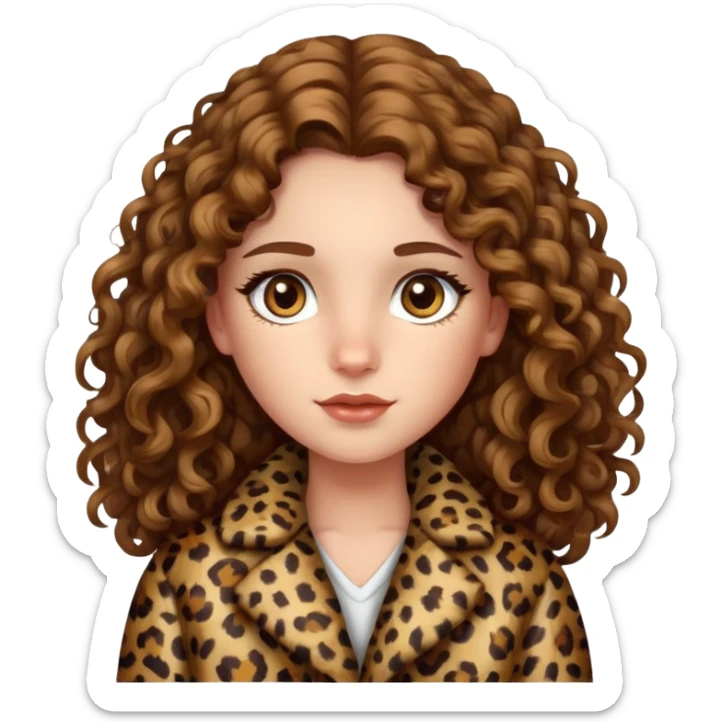 Caucasian girl with long curly hair and hazel eyes in leopard print coat  sticker