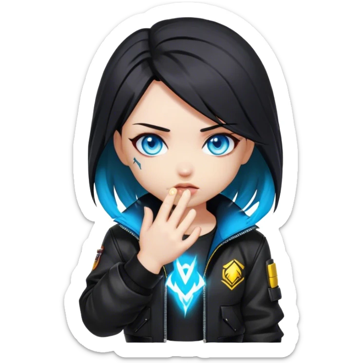 Black hair cyberpunk 2077 chibi girl with blazing blue eyes and black jacket. Hide face in hands sticker