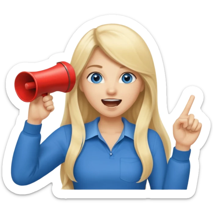  blue eyes blonde girl yelling into megaphone smiling long hair holding up finger sticker