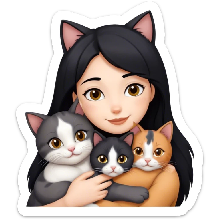 happy girl with black hair hugging three cats  (black cat, gray cat, brown calico cat) sticker