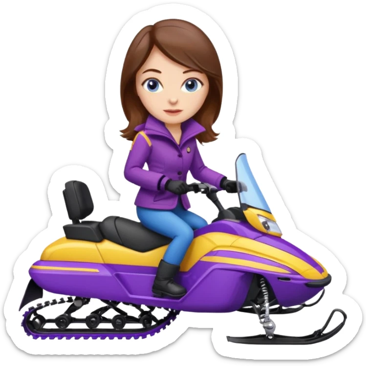 Brown hair, very blue eyes, Woman wearing a Very red coat  on purple and yellow striped snowmobile sticker