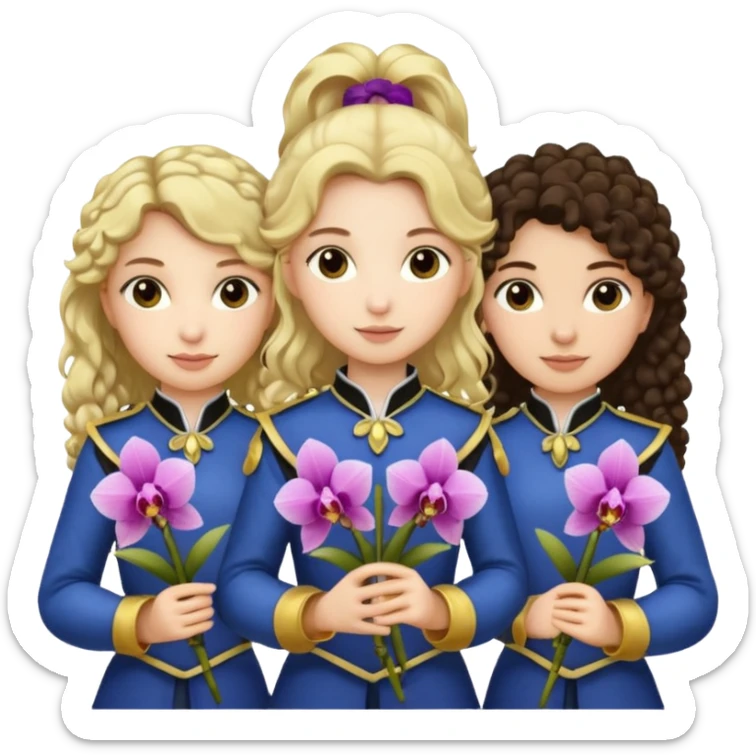 3 female musketeers, one with dark brown curly hair, one with straight blond hair, one with blond hair in pony tail, all holding orchids sticker