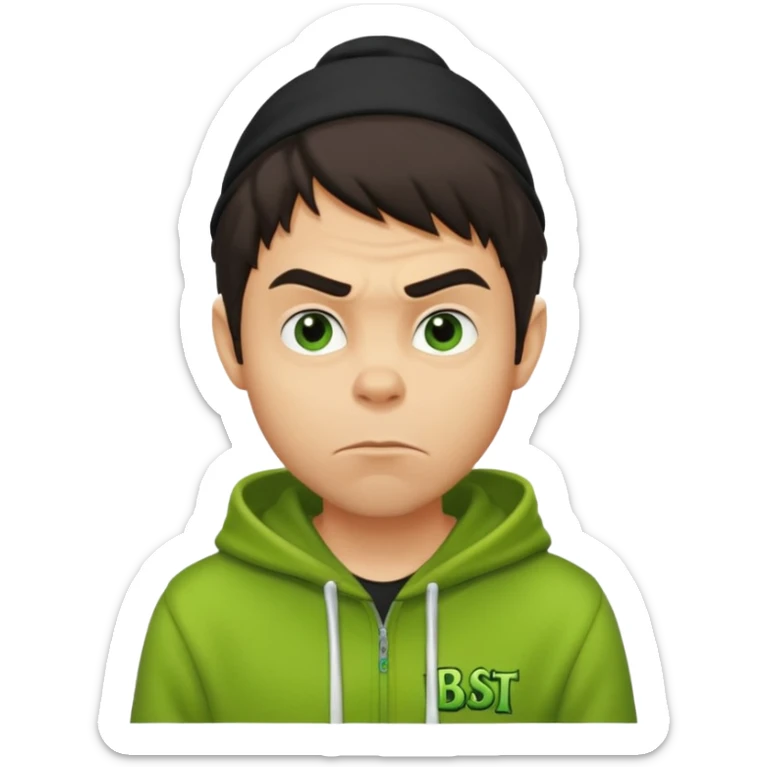 Create an avatar of white European with dark hair  male in hoodie with ``BST`` letters on it. Make background to look like from movie Grinch. make him look from right to left sticker