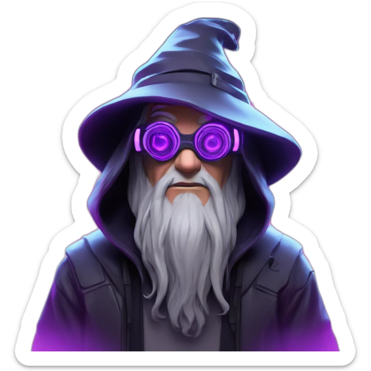 Gandalf wearing a black hoodie with "OMG" letters on it and VR headset in a cyberpunk VR environment with violet neon lighting. sticker