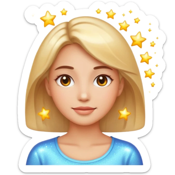 glowing woman face, natural skin, sparkles around, calm and healthy look, emoji style sticker