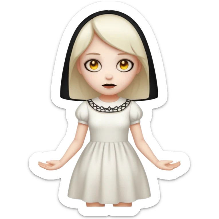 Stylized cult cartoon girl emoji, eerie-cute aesthetic, symmetrical design, subtle spooky vibe, glowing eyes, saying “AMILK”, bold graphic icon sticker