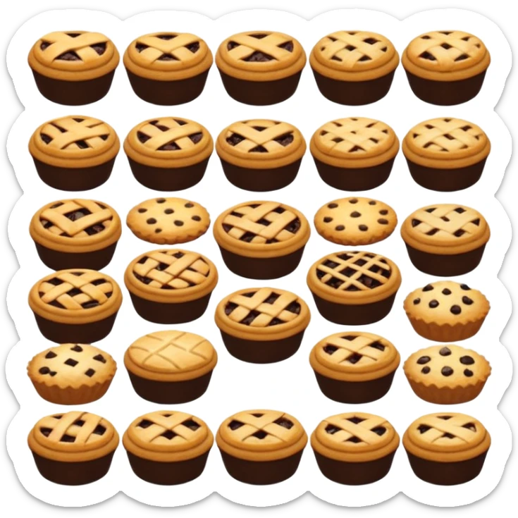 Baking community avatar in clean emoji-style illustration. Pies, cookies, and muffins grouped together, warm golden tones, simple shapes, flat design, high contrast, cozy and friendly. sticker