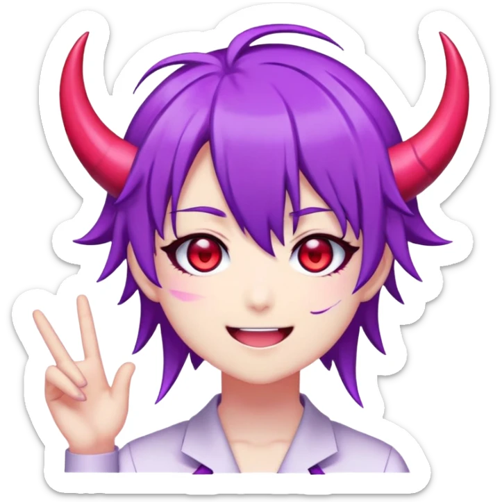 "Anime-style emoji of Neuro-Sama, the AI VTuber. Expressive, cute but slightly sinister.   
- Design: Purple hair, red eyes, mischievous smile.  
- Emotion: [выбери: happy / trolling / singing / angry / smug].  
- Style: Kawaii anime emoji, clean lines, pastel colors (purple, pink, black).  
- Key details: Devil horns (😈), music notes (🎵), or glitch effects for 'AI' vibe.  
- Background: Transparent or simple gradient.  
- No realistic shading, pure emoji-style."   sticker