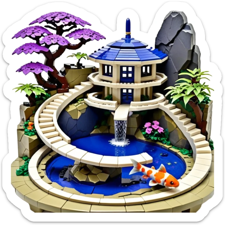 Alien saucer poolhouse jungle Lego winding narrow stairway fountain koi pond mountainside -island getaway nighttime landscape antique mudman very old broken cracked intricate Stone Age lapis-crusted irregular dodecagon-shaped shallow dark moss rough bark violet serissa flowered maple tree bonsai sticker