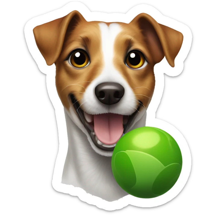 Jack Russell dog with brown eyes holds a green ball in his teeth sticker