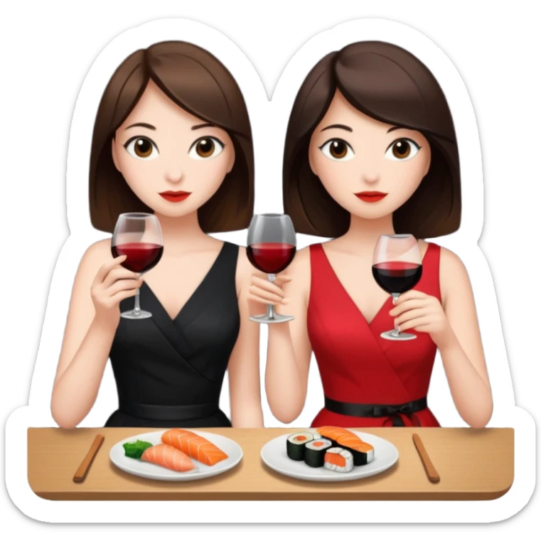Two brunette girls eating sushi and drinking wine, first girl has a black dress and the second girl has a red dress sticker