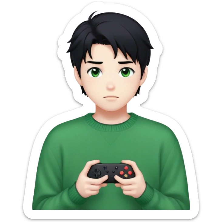 Gorgeous green sweater black hair anime style shojo guy with blushing face and gamer, aesthetic, trending style outside  sticker