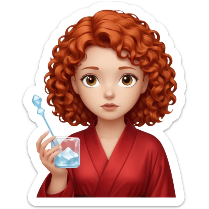 Cartoon emoji of a girl with voluminous curly red hair, fair skin, warm brown eyes. Wearing a chic milky silk robe with long sleeves, no makeup. Portrait mode, holding a ice cube, looking doubtful and unsure. Smooth, simple, stylized." sticker