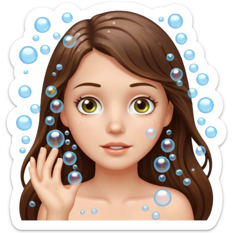  white long brunette hair girl with hazel eyes showering with lots of bubbles sticker