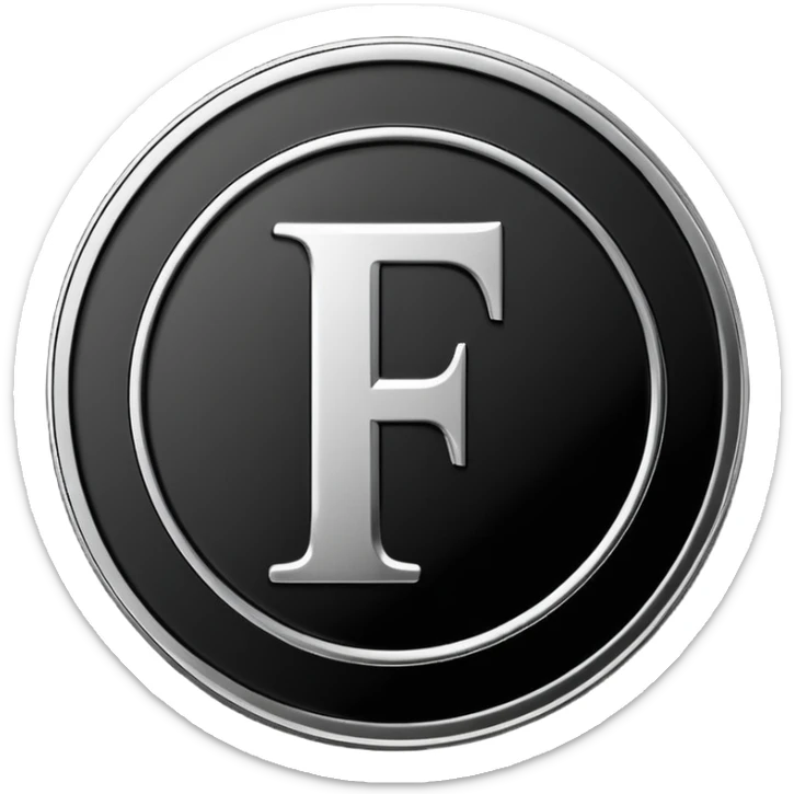 Emoji icon of a black coin with engraved letter F, minimalist style, isolated, no color sticker