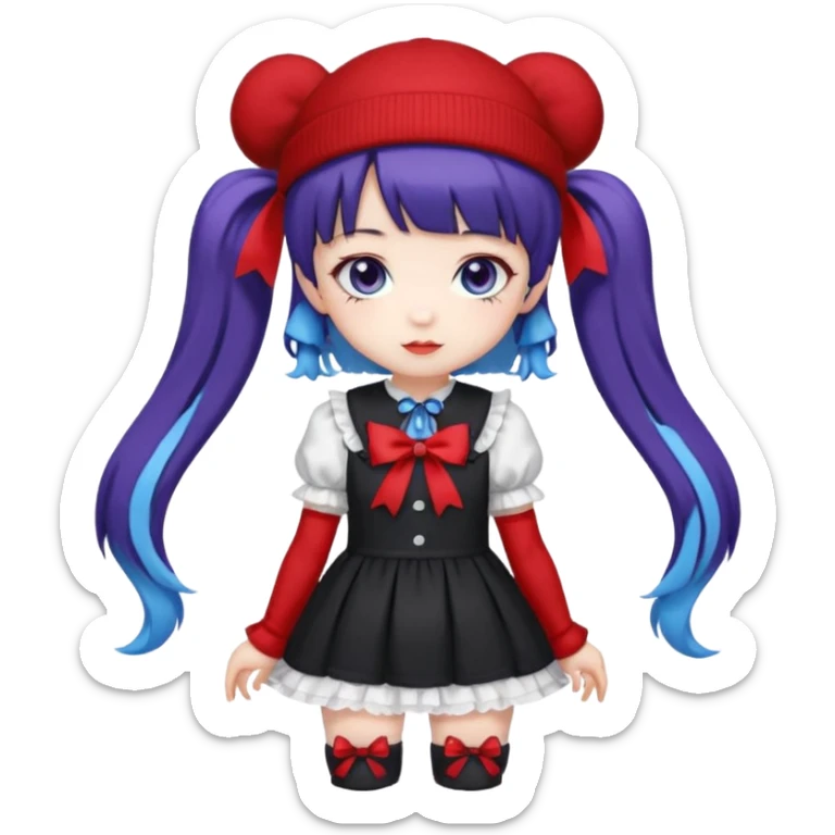 Chibi kawaii, violet eyes, black-blue twin tails, red ribbons, red beanie, black & white lolita dress with red accents, white thigh-highs, black mary janes, cute aesthetic. sticker